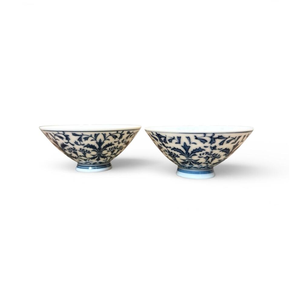 Vintage Chinese Blue & White Porcelain Lattice Rice Bowl 2-pcs